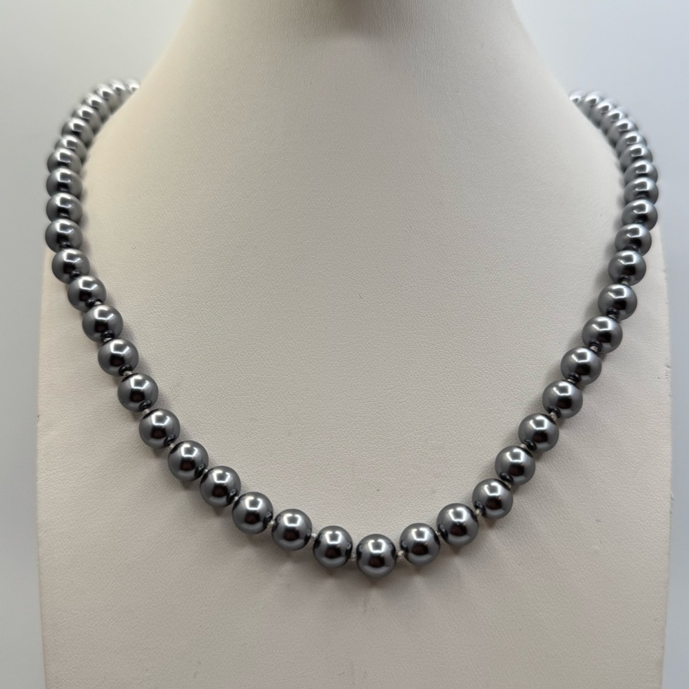 Gray Faux Pearl Beaded Necklace Hand Knotted Vintage Style 22”
